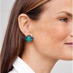 Talbots Cluster Bead Stud Earrings Dark Teal Multi & Gold NWT